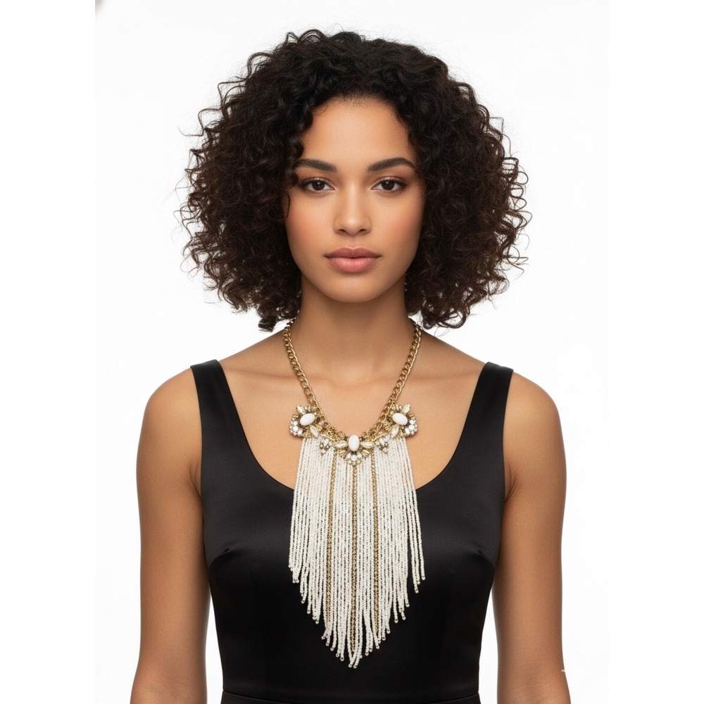 Statement Necklace Gold Tone White Beads Crystal Fringe Bib Old Money Elegant